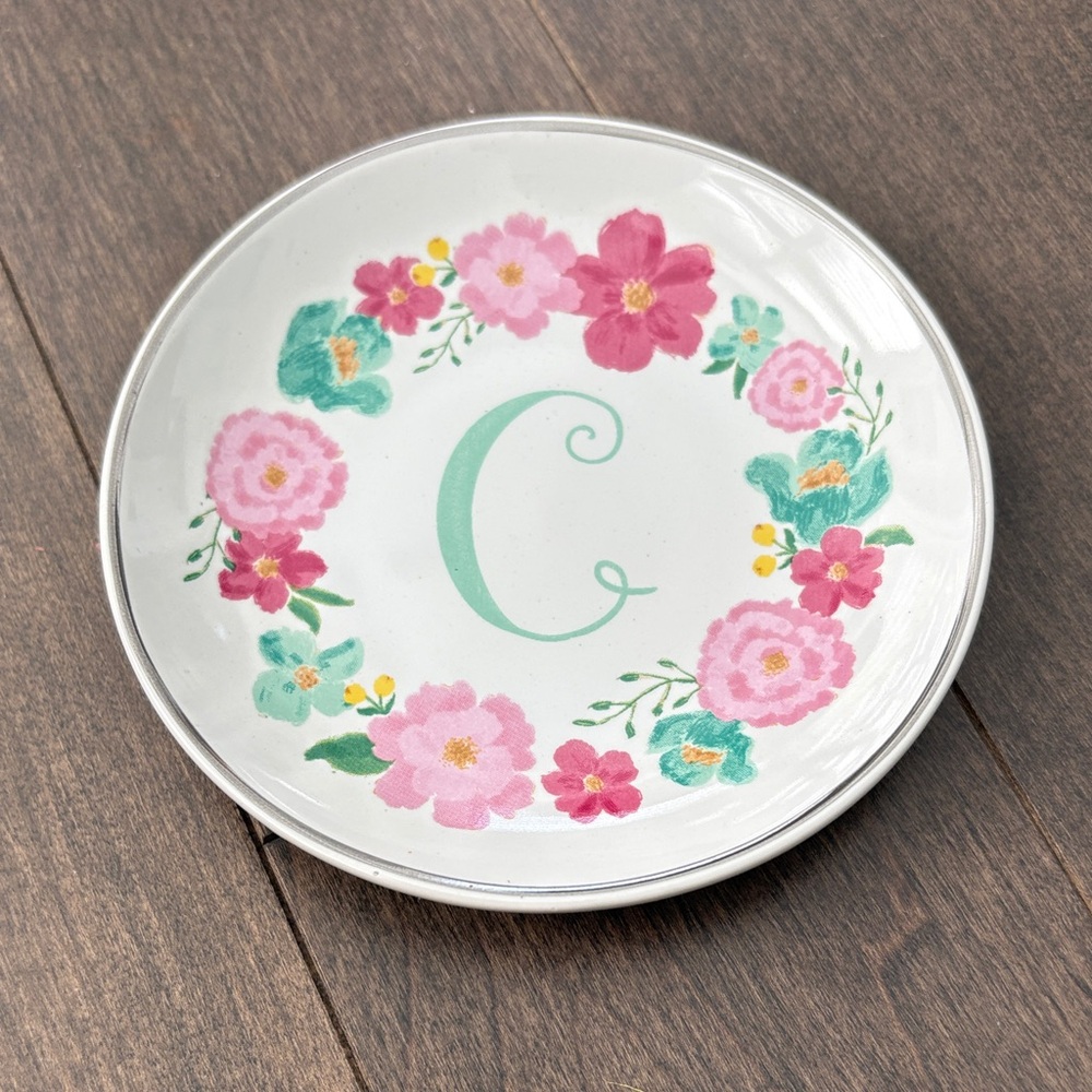 MICHAELS Aqua Pink Floral C Monogram Plate, Flower Dish Silver Decor Trinket
